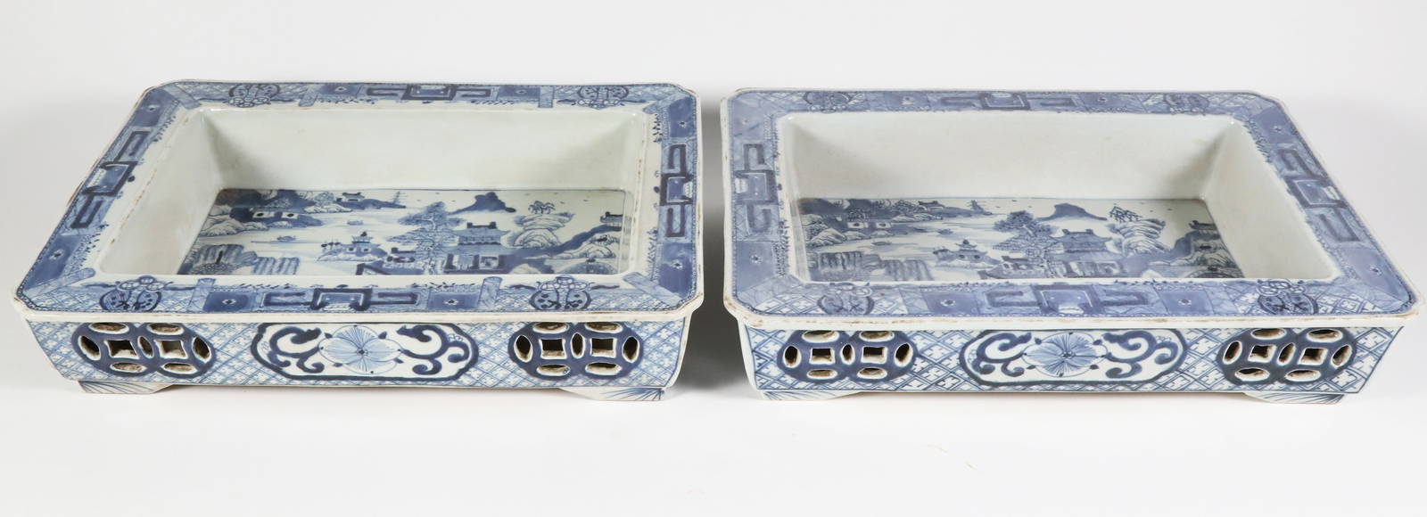Pair of Antique Chinese Blue and White Porcelain Narcissus Flower Pots, 19th Century
