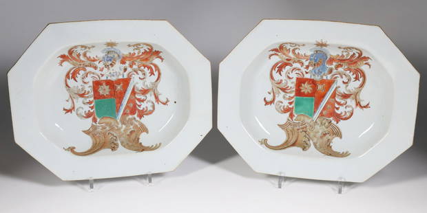 Pair of Large Chinese Export Dutch Armorial Deep Platters, 18th Century: Pair of Large Chinese Export Dutch Armorial Deep Platters, 18th Century, enameled and gilt with a large central coat-of-arms and crest for de Heere with rococo fronds supported by a gilt rocaille plin