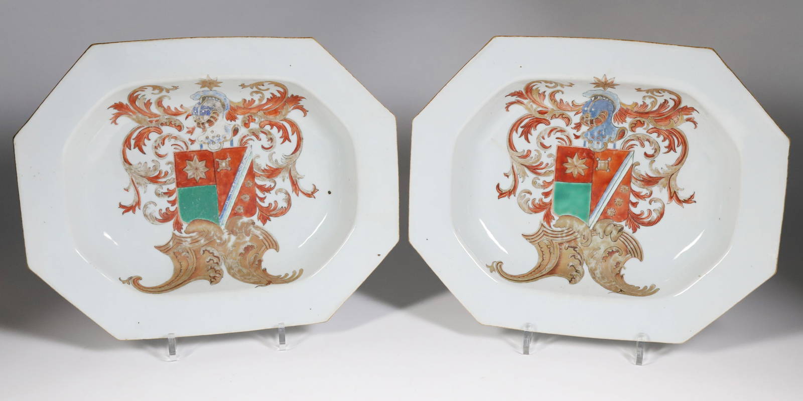 Pair of Large Chinese Export Dutch Armorial Deep Platters, 18th Century