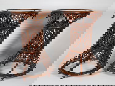 Pair of Chinese Carved and Reticulated Teak Wood Stands