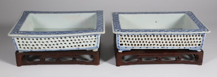 Pair of Antique Chinese Export Blue and White Reticulated Porcelain Bonzai Planters
