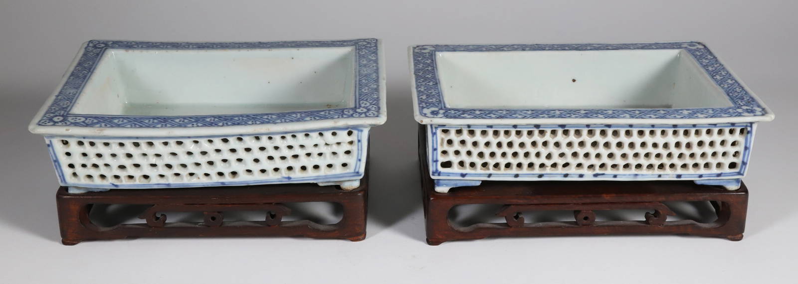 Pair of Antique Chinese Export Blue and White Reticulated Porcelain Bonzai Planters
