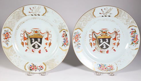 Pair of Chinese Export Armorial Soup Plates "Arms of Robertston & Hamilton", 18th Century