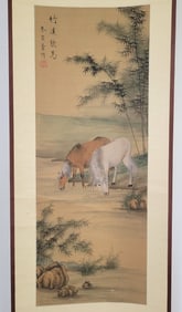 Fine Antique Chinese Watercolor Hanging Scroll Portrait Horses and Stream