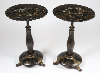Pair of Scenic Mother of Pearl Inlaid Papier Mache Brandy Stands, 19th Century