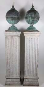 Pair of Architectural Green Patina Copper Ball Finials, 19th Century