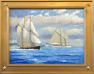 William Lowe Oil on Linen "Passing Brant Point Light Nantucket Harbor"