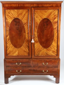 George III Mahogany and Satinwood Inlaid Linen Press, 19th Century
