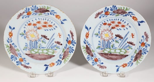 Pair of Delft Floral Decorated Plates, 18th Century