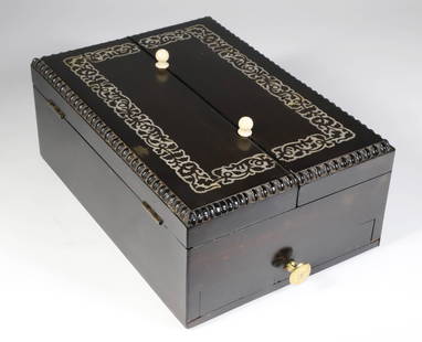 R. Dalton Maker's Lady's Ebony and Mother of Pearl Inlaid Box, circa 1830: R. Dalton Maker's Lady's Box, circa 1830, ebony wood with mother of pearl floral vine band, double hinged top and drawer, original maker's label Height 4 in. Width 7 in. Depth 10 in.