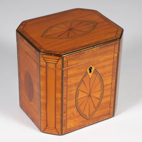 Octagonal Mahogany Multi-Wood Inlaid Tea Caddy
