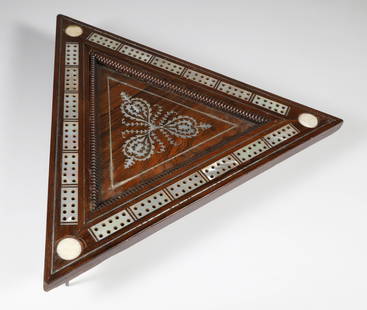 Fine Mother of Pearl Inlaid Cribbage Board, 19th Century: Fine Mother of Pearl Inlaid Cribbage Board, 19th Century, footed tropical wood with antique walrus ivory corners, two pegs in storage compartment underneath Length each side 12.5 in.