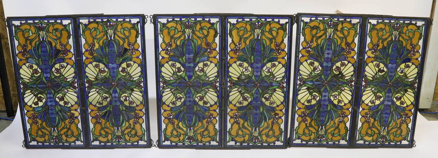 Three Antique Art Nouveau Double Pane Stained Glass Windows: Three Antique Art Nouveau Double Pane Stained Glass Windows 29.5 in. x 28.25 in.