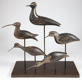 Collection of Five Antique Carved and Painted Shorebird Decoys