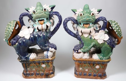 Pair of Vintage Heroic Chinese Sancai Glazed Ceramic Foo Dogs