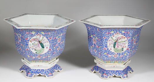 Pair of Chinese Polychrome Enameled Porcelain Hexagonal Cache Pots on Separate Footed Bases