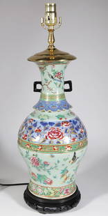 Chinese Famille Celedon Porcelain Vase Mounted as a Lamp, 19th Century: Chinese Famille Celedon Porcelain Vase Mounted as a Lamp, 19th Century, hand decorated and clobbered, on teak base. Note: neck of vase is as is Height 18 in. Width 9 in.