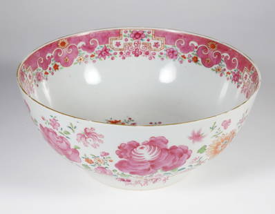 Chinese Export Famille Rose Petite Punch Bowl, circa 1760: Chinese Export Famille Rose Petite Punch Bowl, circa 1760, the exterior of the bowl vividly decorated with flowers, the interior rim with floral designs and symbols Height 4.5 in. Diameter 10.5 in. Pr