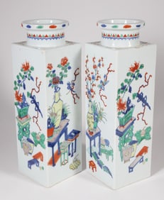Pair of Chinese Export Famille Verte Porcelain Square Panel Vases, 19th Century