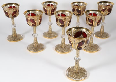 Set of Eight Bohemian Overlay and Gilt Decorated Wine Goblets