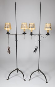 Pair Antique Wrought Iron Double Light Floor Lamps with Maritime Ship Shades