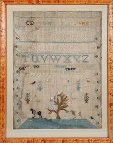 1789 Sampler "Animals Around a Flourishing Tree" in Bird's Eye Maple Frame