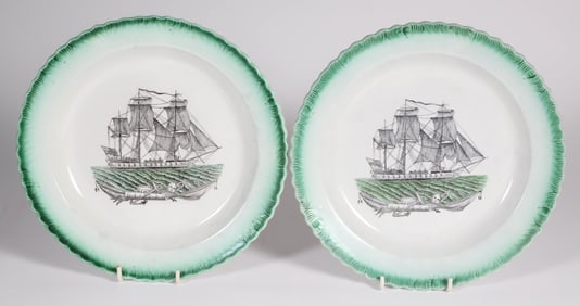 Pair of English Creamware American Warship Decorated Plates with "Dawson" Impressed Mark