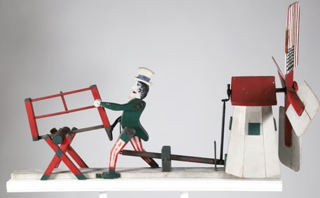 Vintage Uncle Sam Painted Wooden Whirligig on White Painted Platform Base