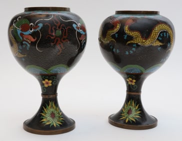 Pair of Antique Cloisonné Five-Claw Foo Dragon and Floral Decorated Pedestal Vases, 19th Century