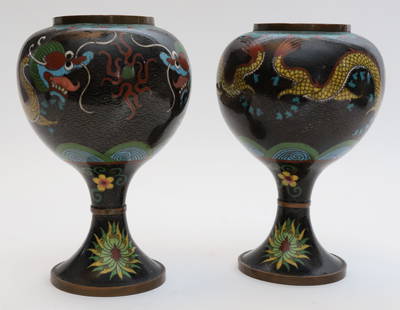 Pair of Antique Cloisonné Five-Claw Foo Dragon and Floral Decorated Pedestal Vases, 19th Century: Pair of Antique Cloisonné Five-Claw Foo Dragon and Floral Decorated Pedestal Vases, 19th Century Height 7.25 in.