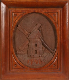 Nantucket Carved Folk Art Walnut Plaque "Portrait of the Old Mill, 1746" Attributed to James Walter