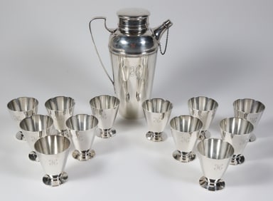 Vintage Tiffany & Co. New York Sterling Silver Cocktail Shaker and 12 Martini Cups