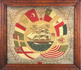 Rare Antique American Sailor Made Woolie with U.S. Navy Frigate Warship, 19th century,