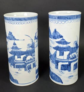 Pair of Antique Canton Brush Pots, 19th Century: Pair of Antique Canton Brush Pots, 19th Century, rare large size, cylindrical with rain and cloud and diapered border above Canton River landscape decoration. Height 10 in. Diameter 4.5 in.