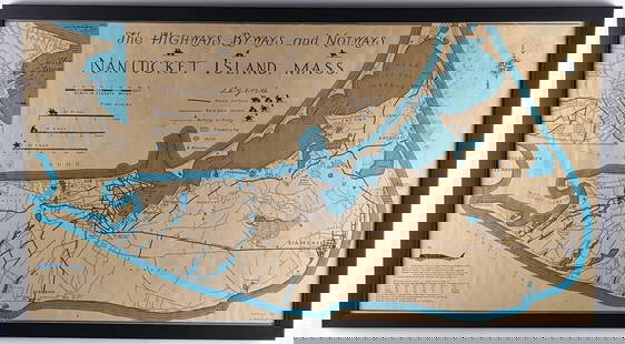Robert Newton Mayall, “The Highways, Byways and Notways” Map of Nantucket Island: Robert Newton Mayall (1904-1989), “The Highways, Byways and Notways&rdquo; Map of Nantucket Island, signed and dated lower right, “Copyright 1945 By R. Newton Mayall&rdquo;. Overall 18.25 in. X 33