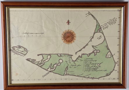 Rare 1795 Map of Nantucket Island Hand Colored Engraving: Rare 1795 Map of Nantucket Island Hand Colored Engraving, on laid paper with watercolor tinting, titled: Nantucket Island May 1, 1795, with key listing landmarks, noted landscape features, and Humane