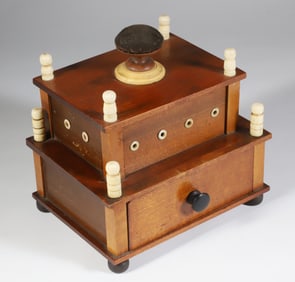 Step Down Sewing Box with Bone Finials and Thread Holes, 19th Century