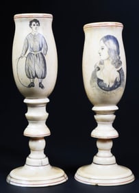 Pair of Scrimshaw Pedestal Cups, 19th Century