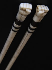 Pair of Antique Whalebone and Baleen Banded Clenched Fist and Cuff Knitting Needles, 19th Century