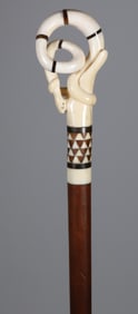 Whaler Made Double Coiled Snake Grip Walking Stick, 19th Century