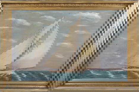 J.J. Gardner Oil on Canvas "Portrait of a Sailing Yacht and Crew", circa 1888: J.J. Gardner Oil on Canvas "Portrait of a Sailing Yacht and Crew", circa 1888, signed and dated lower right J.J. Gardner 1888, in original molded gilt frame. In as found condition. 19 in. x 30 in. Fra
