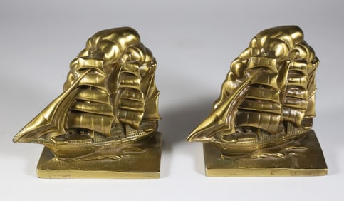 Pair of Signed Victor Design Ship Gilt Metal Bookends