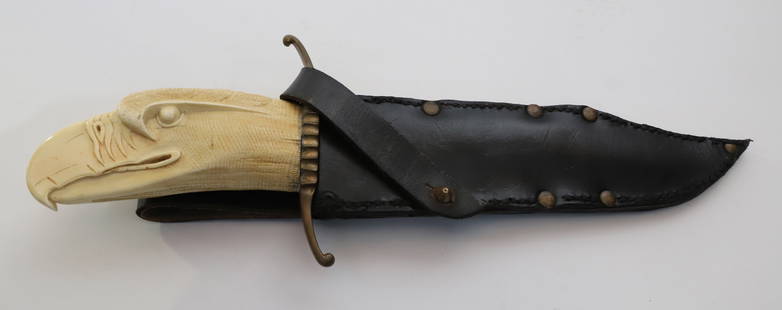Bowie Knife with Carved Eagle Head Grip, 19th Century: Bowie Knife with Carved Eagle Head Grip, 19th Century, deep and detailed carving of an eagle's head on a brass guard and steel blade, initialed B.E.P., in custom leather sheath Length 14 in.