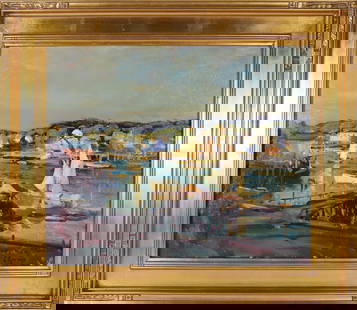 Robert Charles Gruppe Oil on Canvas "Gloucester Harbor at Sunrise": Robert Charles Gruppe (American b.1944) Oil on Canvas "Gloucester Harbor at Sunrise", signed lower right Robert C. Gruppe, in contemporary gilt frame 20 in. x 24 in. Framed 27.5 in. x 31 in.
