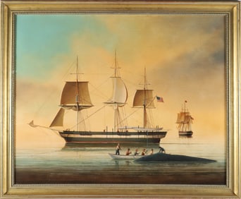 Vintage Oil on Panel "American Whalers and the Catch"
