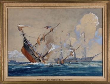 Worden G. Wood Watercolor and Gouache on Paper, "Sinking of the Alabama"