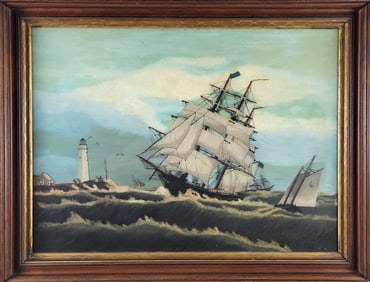 19th C. S.D. Radley "Entering Port, Boston" Oil on Glass Nautical Painting