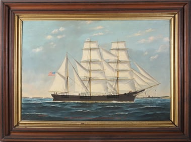 William Pierce Stubbs Oil on Canvas "Bark Haydn Brown of Boston Leaving Boston Light, August 1876"