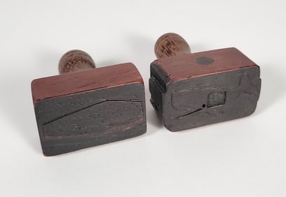 Two Carved Tropical Wood Logbook Whale & Coffin Stamps