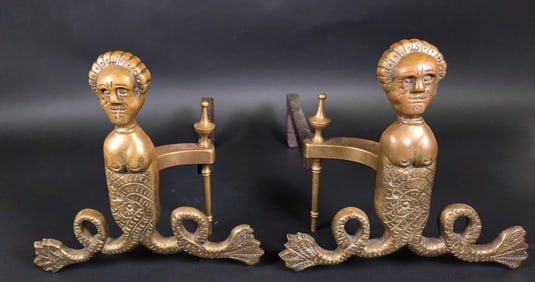 Pair of Antique Brass Figural Mermaid Andirons, circa 1920s
